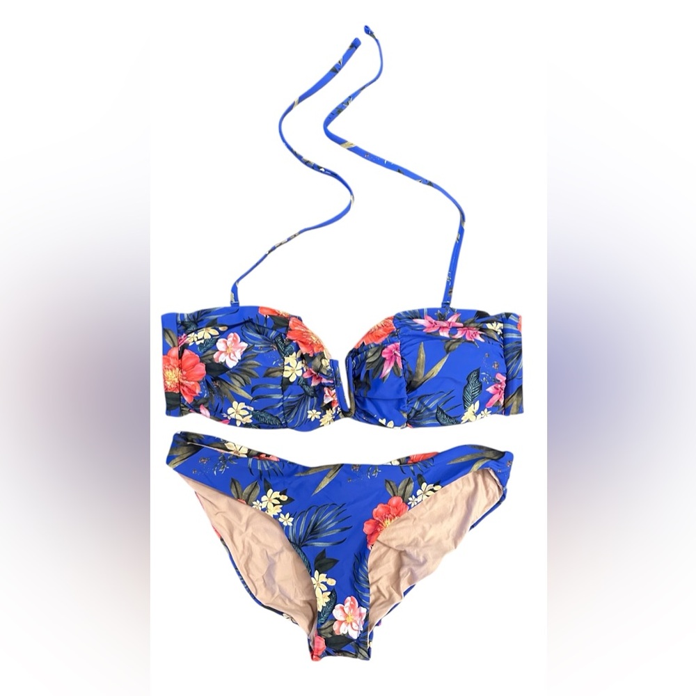 PQ Swim Floral Blue Bikini Set NWOT 
Top Size Large Bottom Size Medium